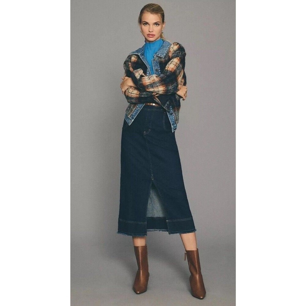 Pilcro Anthropologie Denim Midi Skirt US 6 Blue Front Slit Raw Hem Stretch